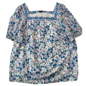 Talbots Floral Blouse Women 2X Purple Cotton Cottage Spring Boho Top Garden Bird